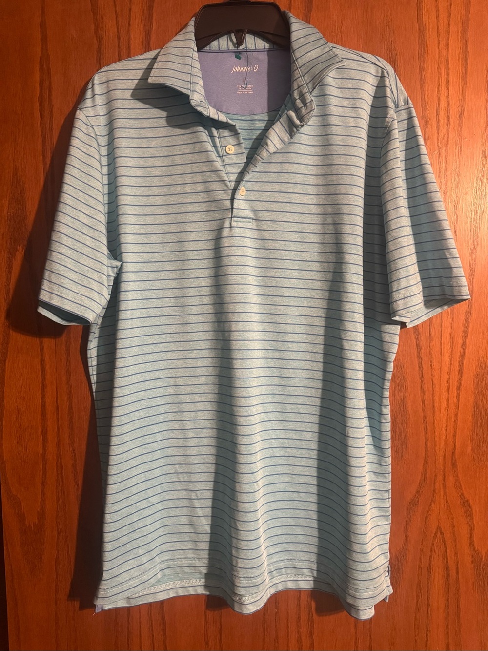 johnnie-O Light Blue Polo with Navy Thin Stripes